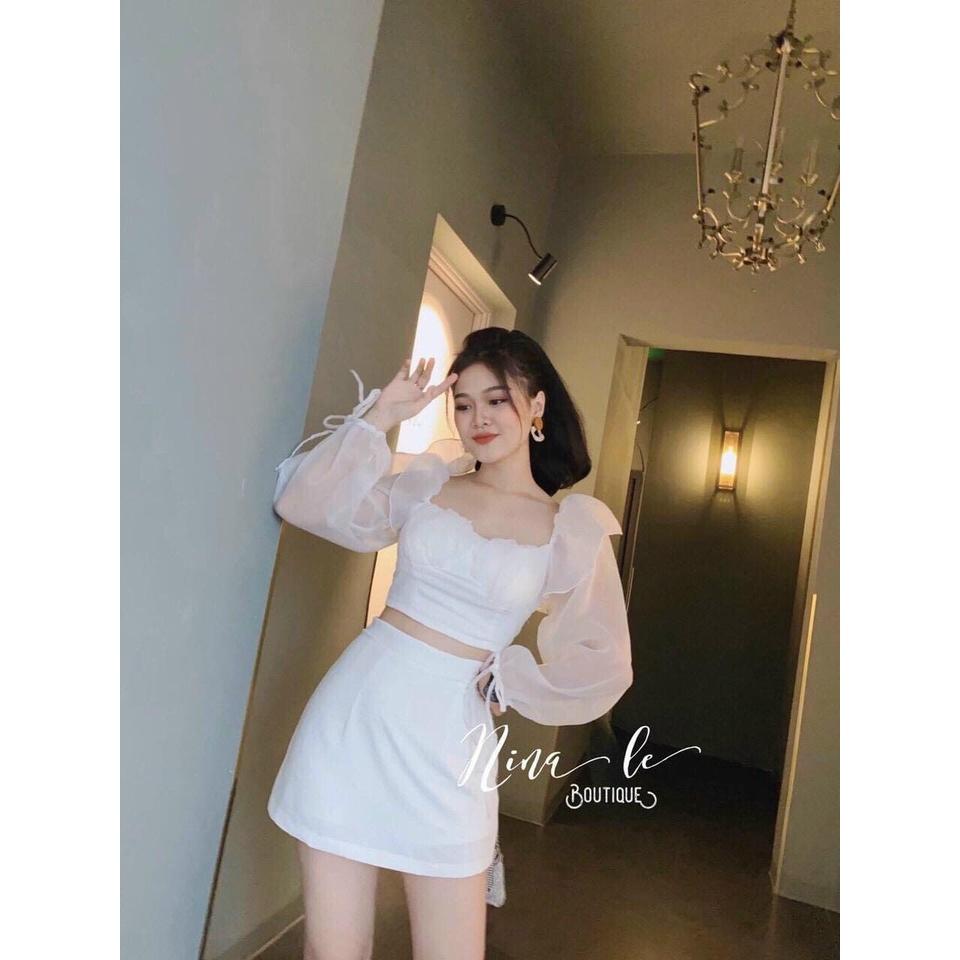 Sét Đồ Bộ Nữ Đũi Nhăn Áo Tay Phối Voan Tơ & Chân Váy