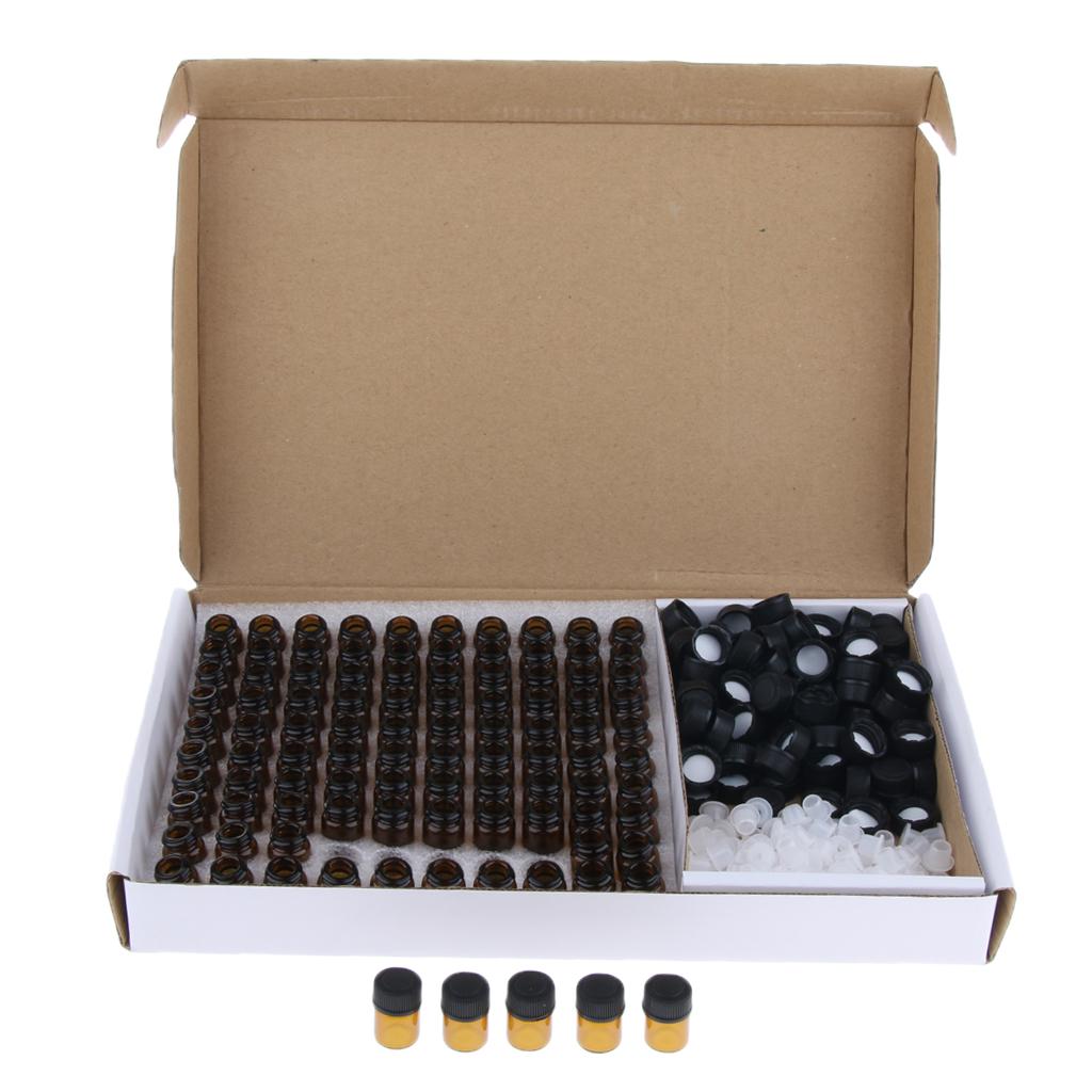 300x Amber Glass Essential Oil Bottle With Orifice Reducer Black Caps 1ml