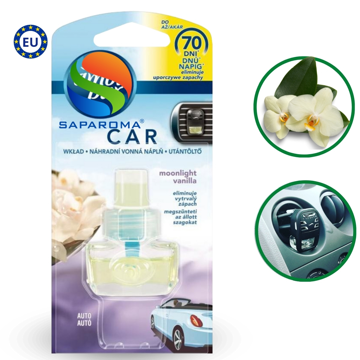 Lọ tinh dầu thơm ô tô Ambi Pur 7ml Moonlight Vanilla - hương vani, cài cửa gió, hỗ trợ khử mùi, nhập khẩu Châu Âu