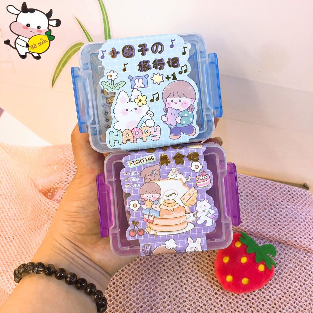 Set Hộp Nhựa Đựng Washi Tape Và Sticker Cute Đáng Yêu Gồm Nhiều Miếng Stickers Hình Cô Bé Gồm 30 Stickers 3 Cuộn Washi