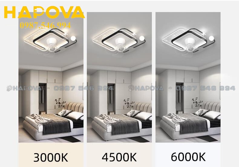 Quạt ốp trần trang trí phòng khách, phòng ngủ hiện đại HAPOVA 8578 ánh sáng sang trọng Đường kính 600mm