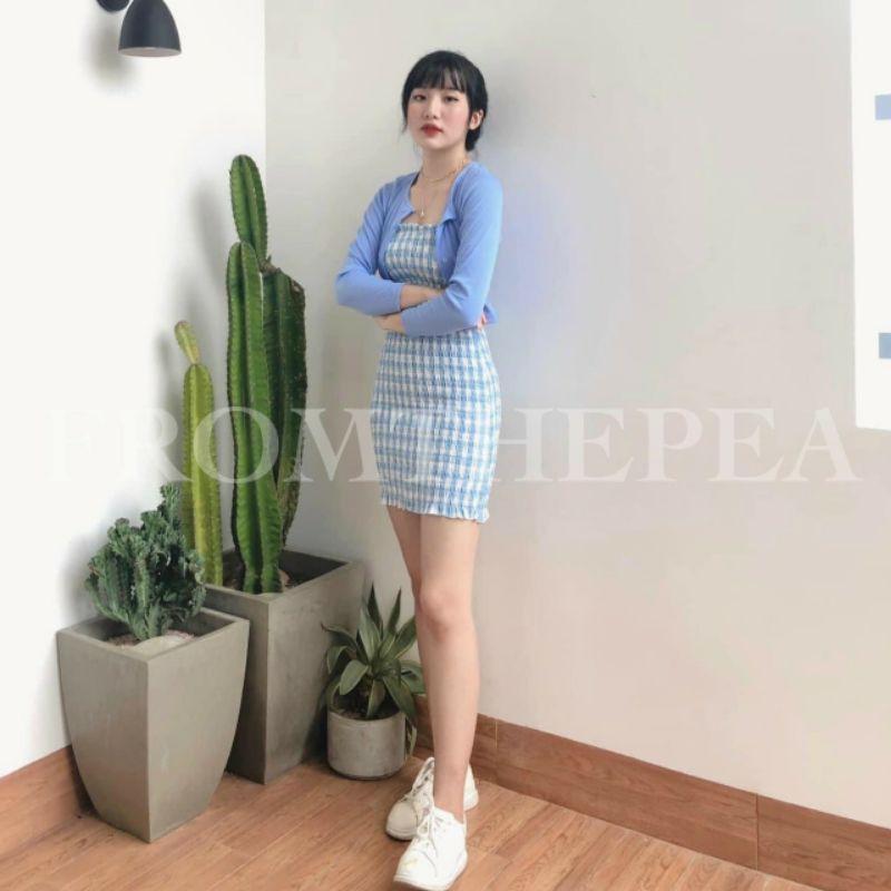 ĐẦM ỐNG CARO XANH NHÚN CHUN và ÁO KHOÁC