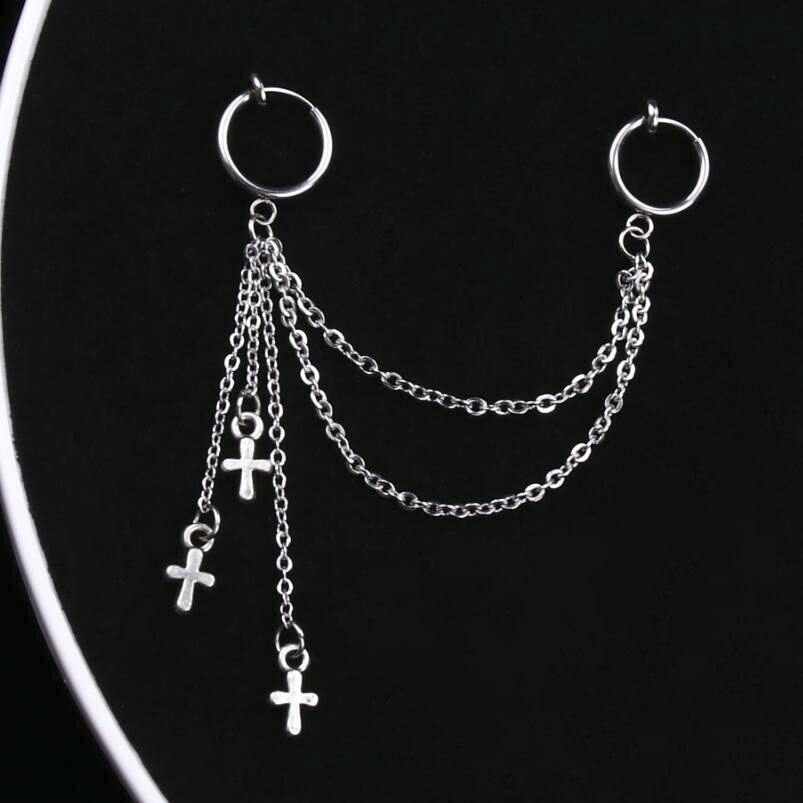 Bông tai khuyên tai idol chuỗi mắt xích dài thả 3 hình chữ thập style Unisex Hàn Quốc