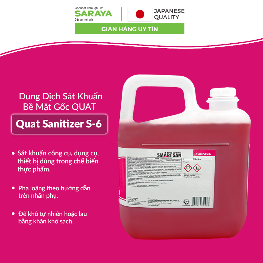 Dung Dịch Sát Khuẩn Bề Mặt Gốc QUAT Saraya Sanitizer S-6, Dùng Trong - Can 5Kg