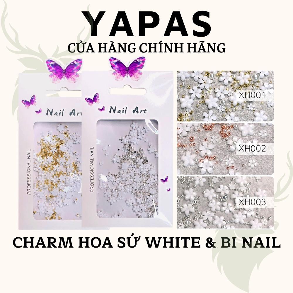 Charm hoa nhí sứ mix bi nail Yapas trắng vàng hồng, phụ kiện hoa sứ bi gắn đính trang trí móng tay cao cấp