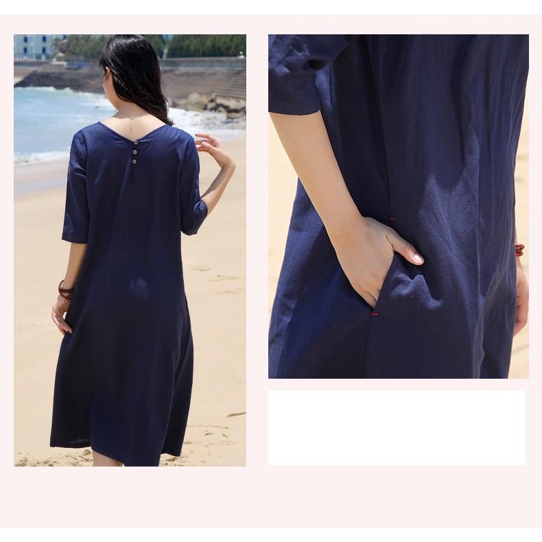 Đầm suông linen tay lỡ cổ chữ V trần trước, thời trang hè thu 2021