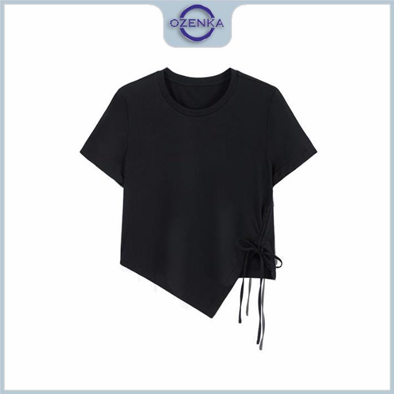 Áo croptop ulzzang kiểu vạt chéo rút dây rộng cổ tròn OZENKA , áo crt thun cotton basic màu đen trắng mặc đi học đi chơi