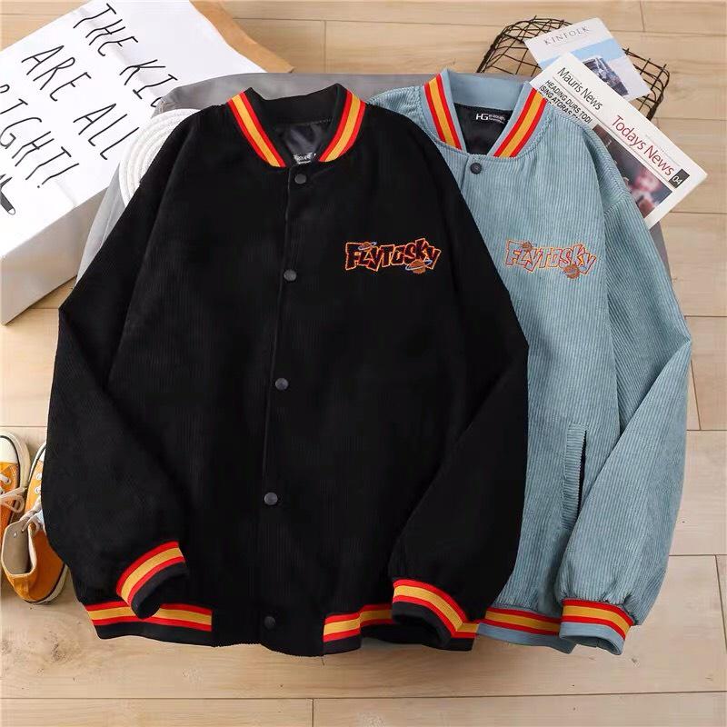 Áo Khoác Bomber kaki NHUNG Gân Tăm Thêu Chữ FLYTOSKY Form Rộng Unisex Nam Nữ Ulzzang phối Tay Sọc Thêu Chữ A Chất Siêu Đẹp