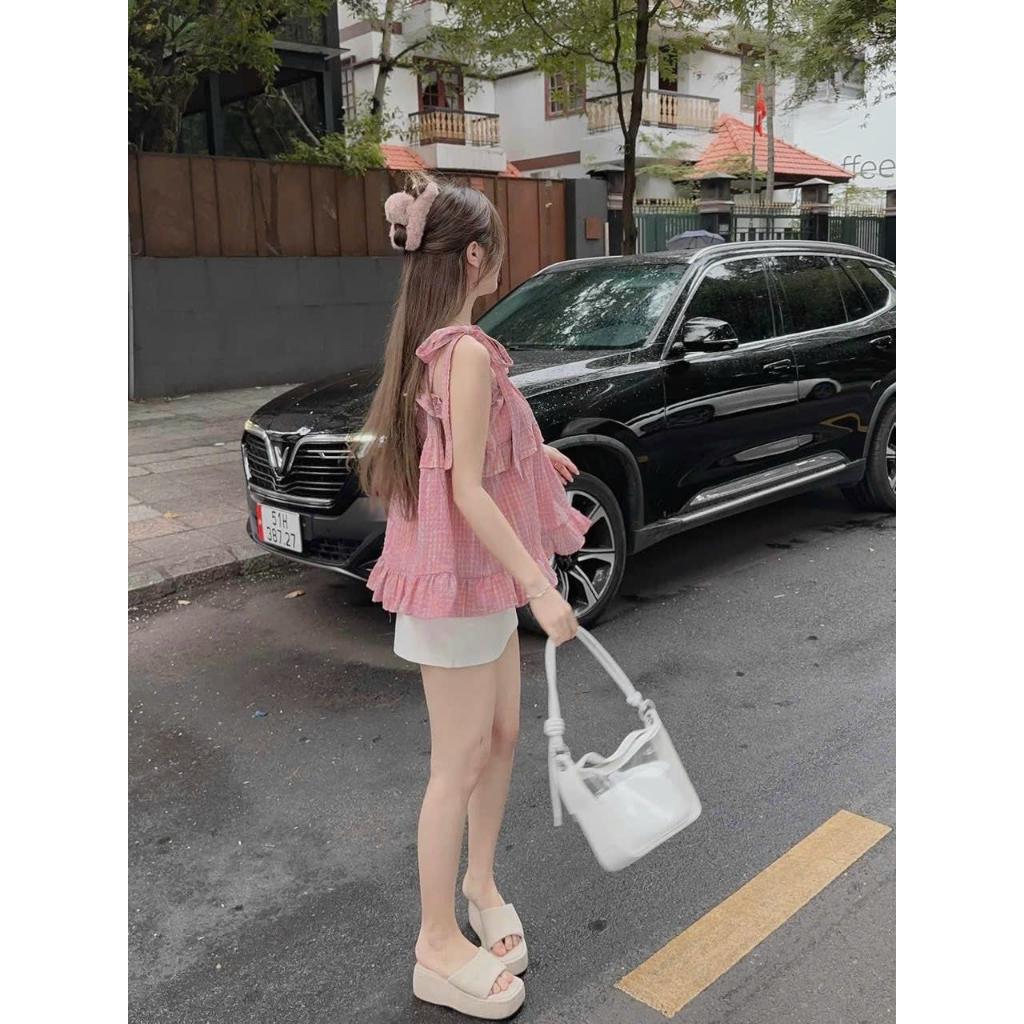 Sét bộ áo xốp caro 2s cột nơ vai phối bèo kèm chân váy