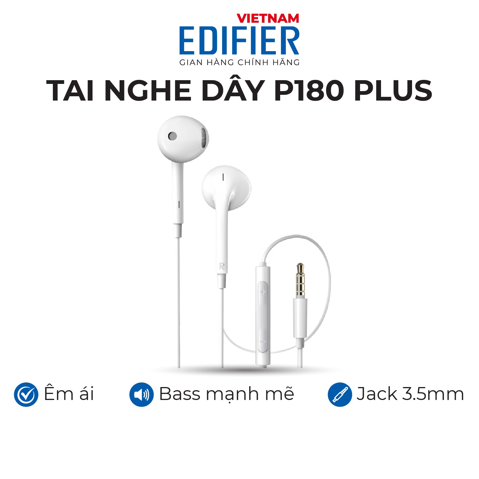 Tai nghe nhét tai có dây EDIFIER P180 PLUS Chân cắm 3.5 Chất liệu TPE dài 1.3m - Hàng chính hãng