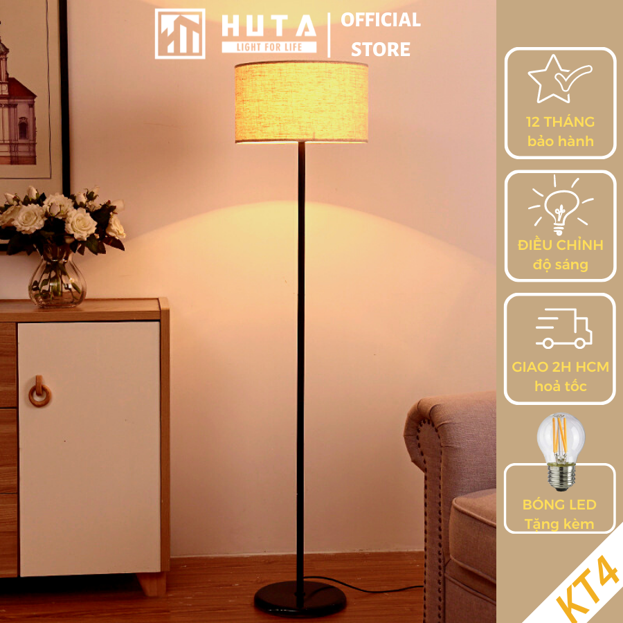 Đèn Cây Đứng Huta Kt4 Cao Cấp, Sang Trọng, Decor Trang Trí Phòng Ngủ, Sofa, Phòng Khách, Điều Chỉnh Độ Sáng, Bóng Led Ánh Sáng Vàng - Thân Đen Chao Vàng - Chỉ Onoff