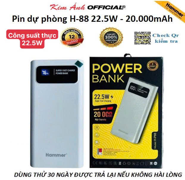 Sạc dự phòng Ham mer H-P88 22.5W - 20.000mAh, Kim Ánh cam kết hàng chính hãng bảo hành 12 tháng