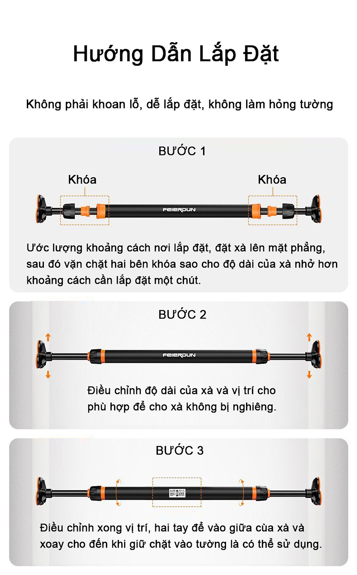 Xà Đơn Gắn Cửa FED-0228 | Kích thước 115-140cm (Chịu lực 400kg - Có chốt khóa an toàn khi gắn xà - Dễ dàng tháo lắp không cần khoan tường)