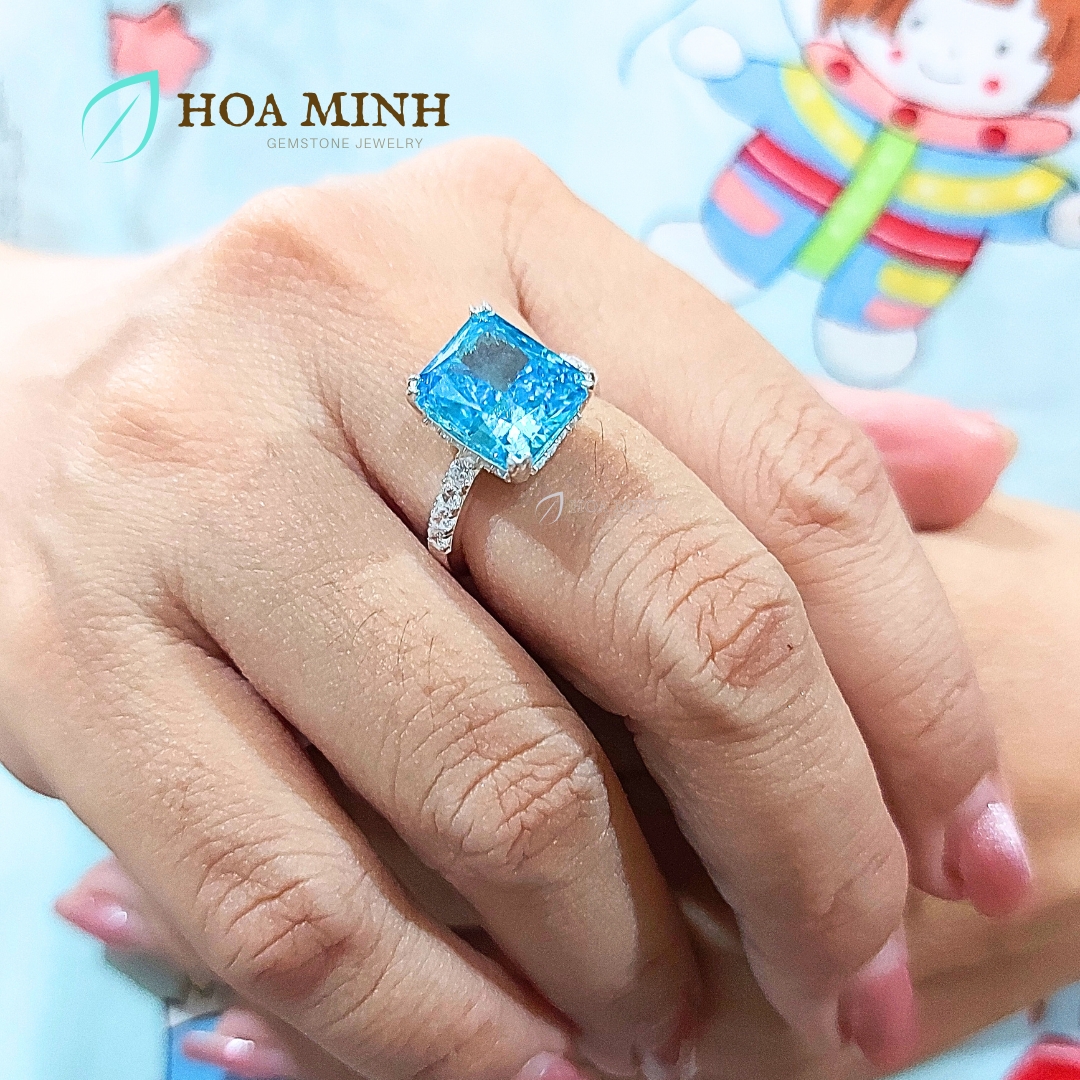 Nhẫn bạc cao cấp đính đá Nam Phi xanh aqua size chữ nhật lớn 9x11 li trang sức cao cấp, sang trọng