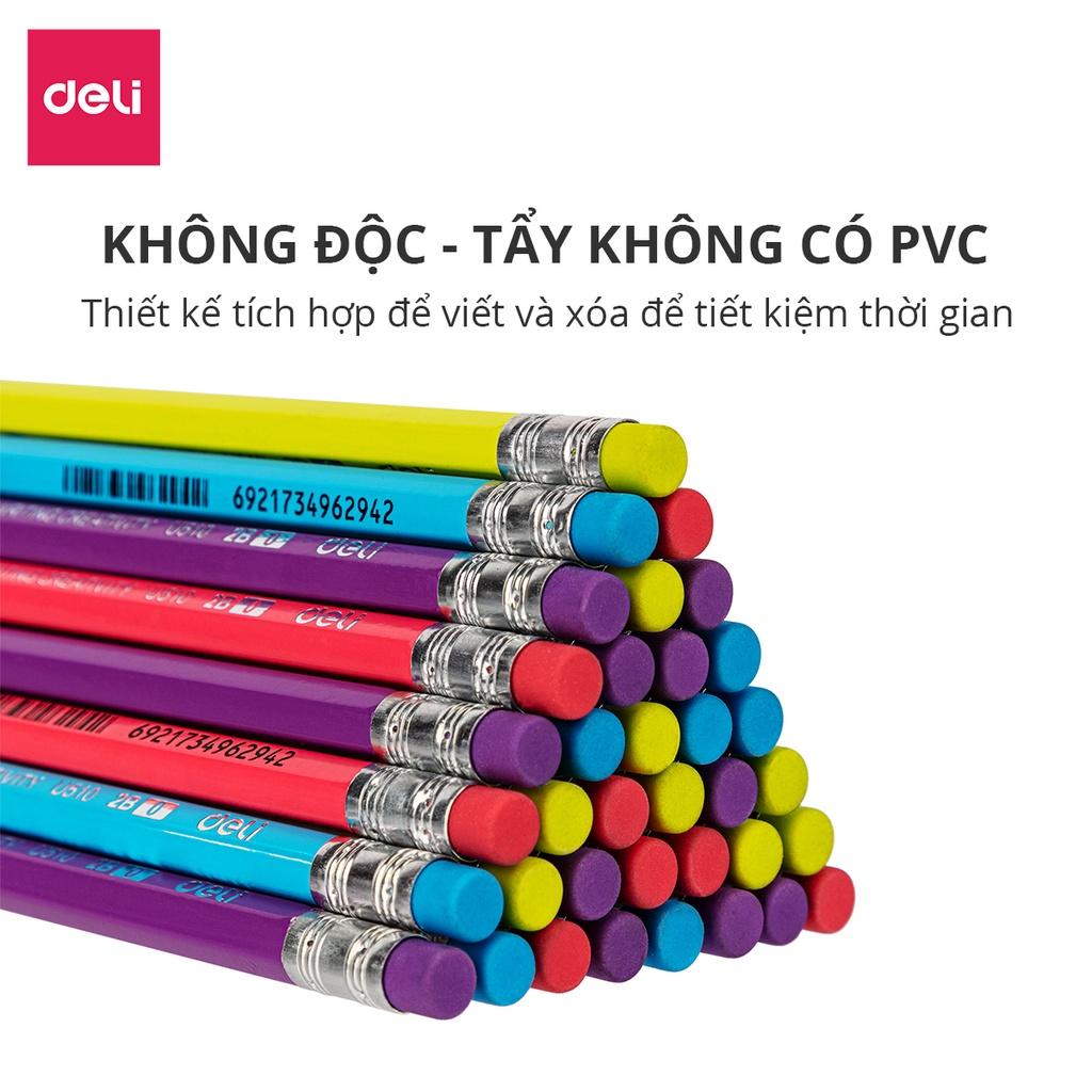 Hộp Bút Chì Lục Giác 2B Nhiều Màu Deli - 50 Chiếc - Thân Gỗ Mềm, Dễ Gọt, Kèm Đầu Tẩy Tiện Dụng - Phù Hợp Học Sinh Văn Phòng Tập Việt Luyện Chữ Cho Bé - EU51006