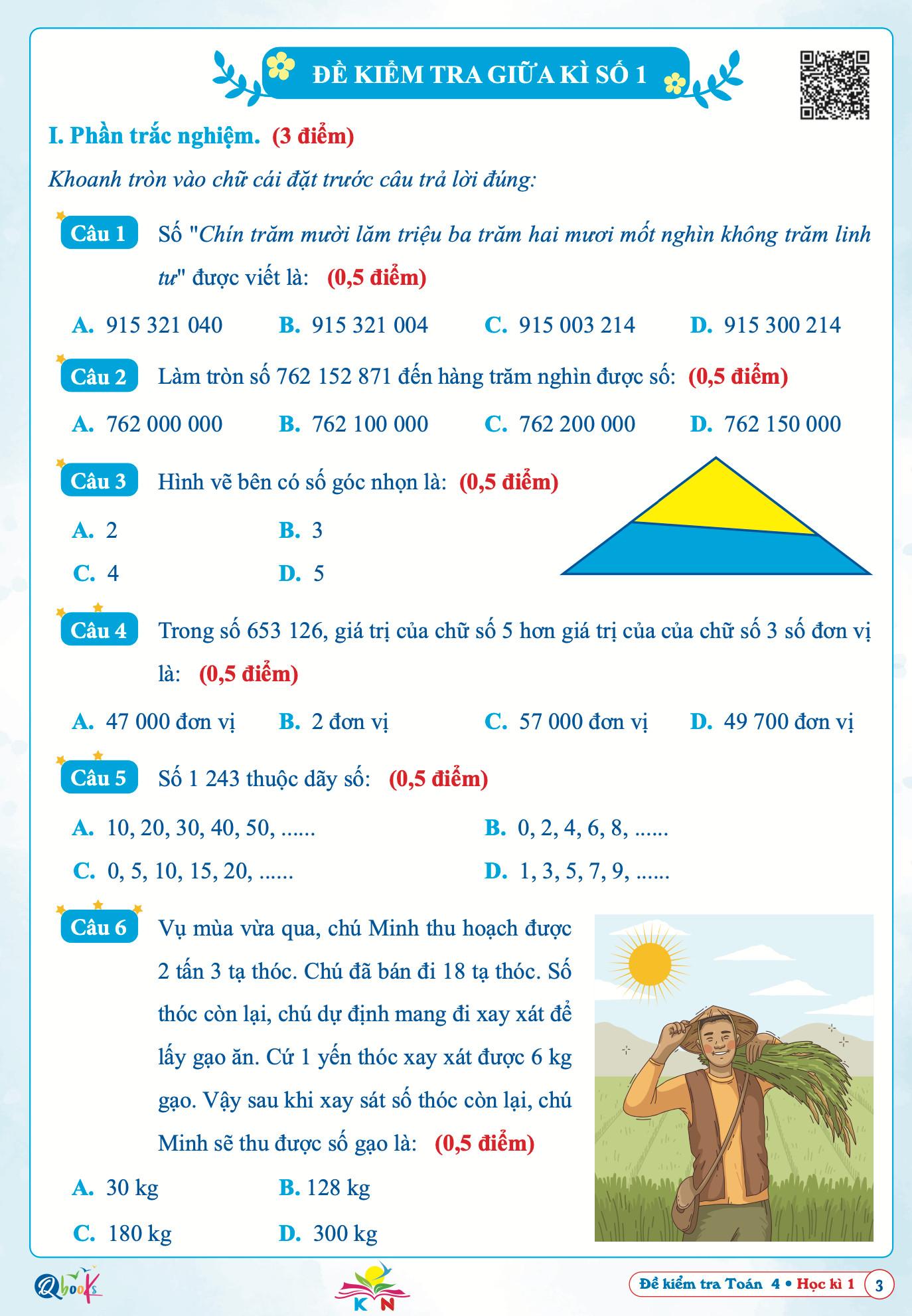 Sách Đề Kiểm Tra Toán Lớp 4 - Học Kì 1 - Kết Nối Tri Thức Với Cuộc Sống (1 cuốn) - Bản Quyền