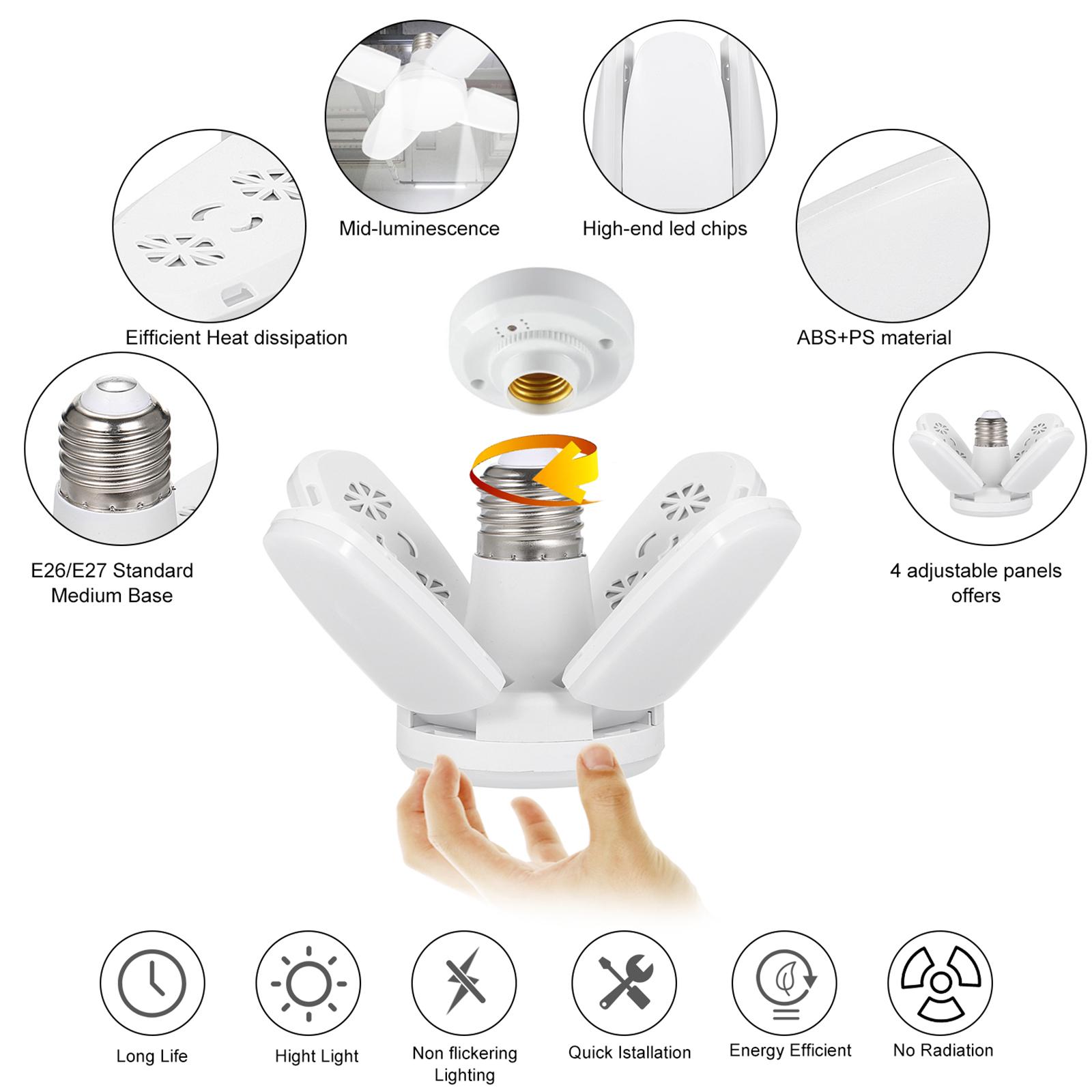 60W 6500K LED Garage Lights E26/E27 LED Light Bulb Ceiling Lamp Basement Lights with 5 Adjustable Panels for Garages Workshop Warehouse Workbench