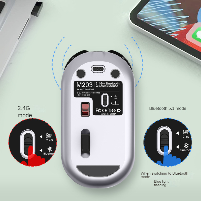 Chuột không dây M203 - Bluetooth + USB Wireless 2.4G - Pin sạc typeC - Chống ồn - chống mỏi cổ tay