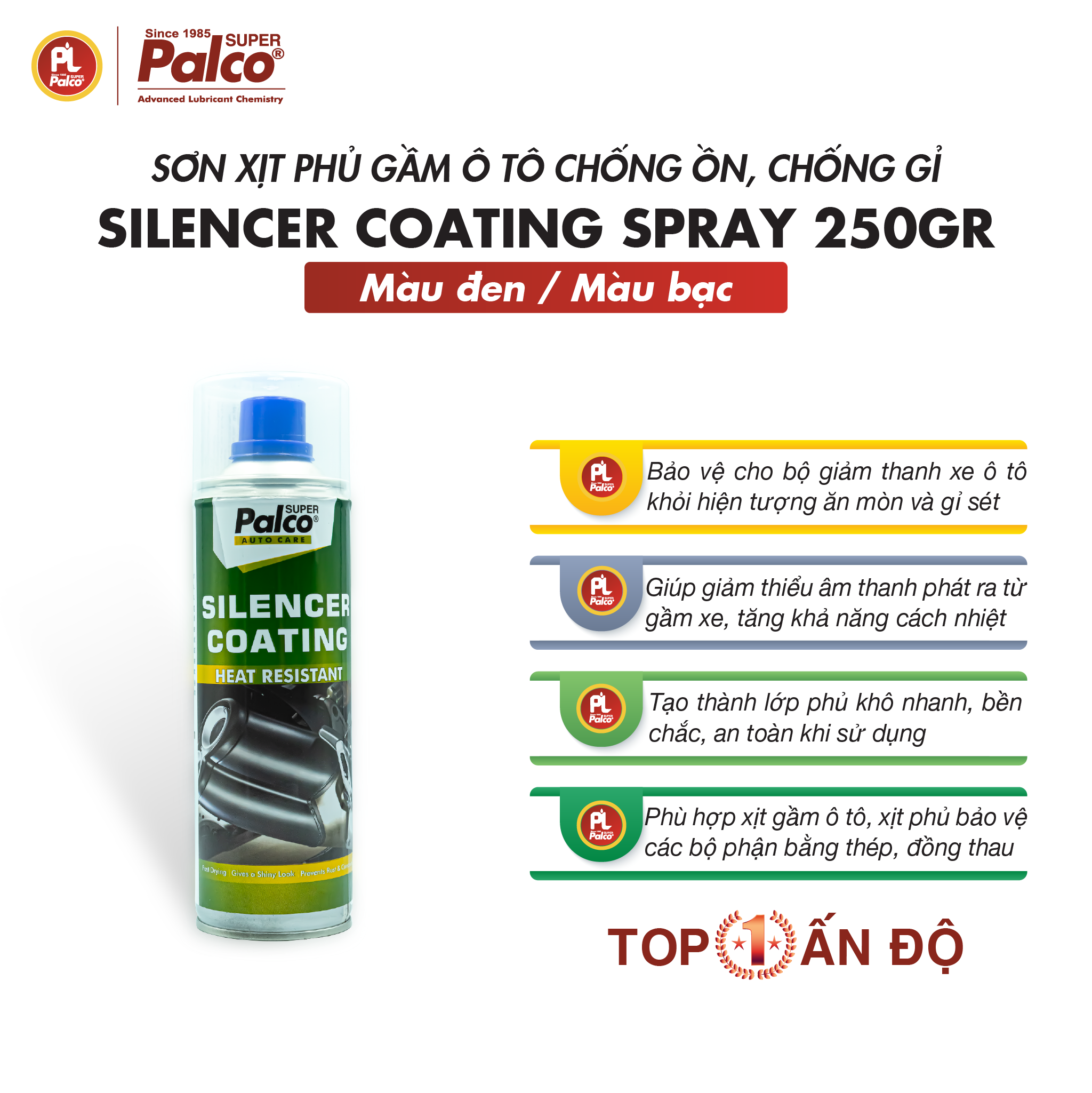 Sơn xịt phủ gầm ô tô chống ồn, chống rỉ sét PALCO Silencer Coating Spray - Chai 250gr - Nhập khẩu Ấn Độ