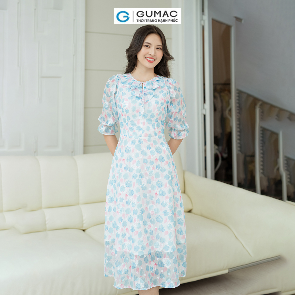 Đầm hoa cổ bèo GUMAC DD08027