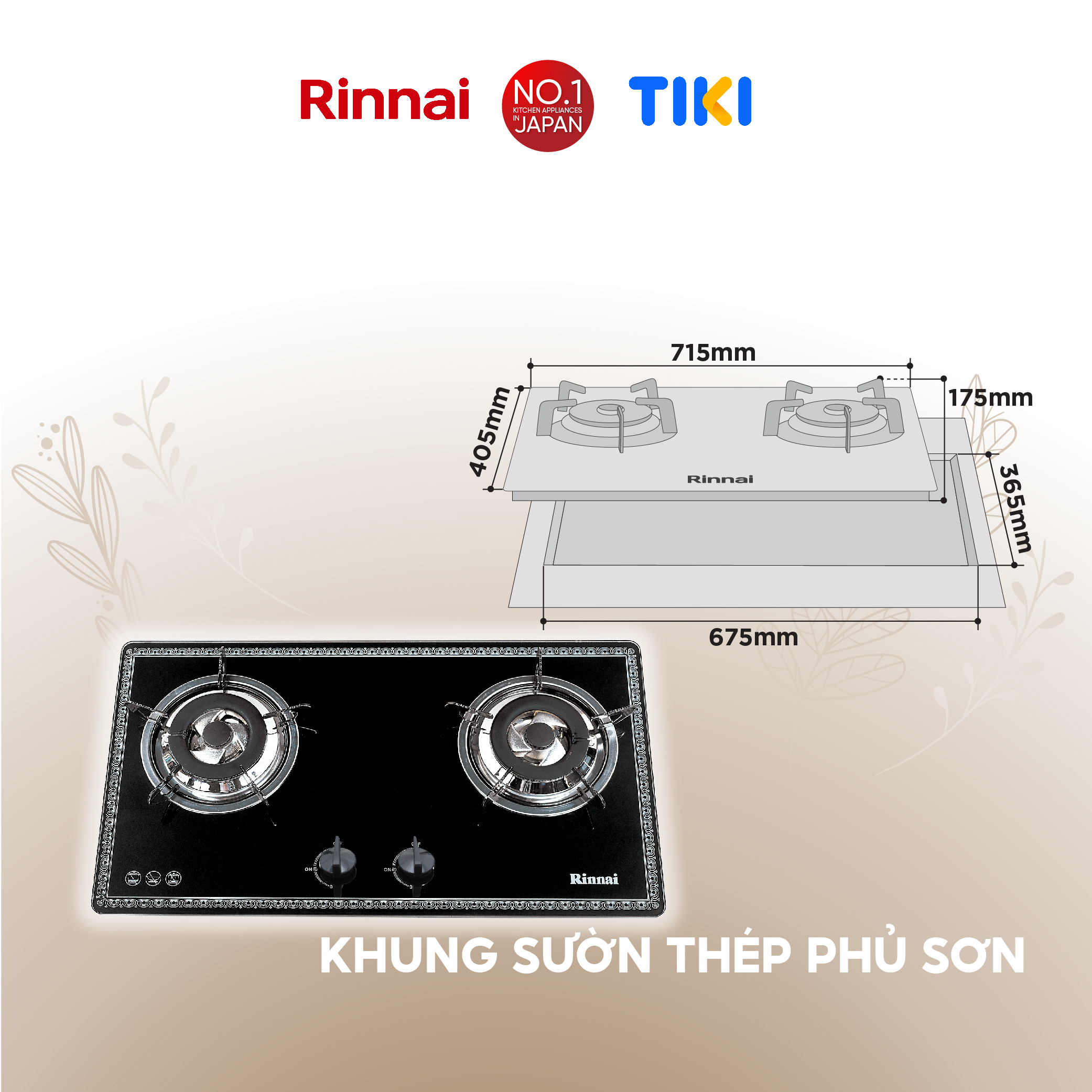 Bếp gas âm Rinnai RVB-2BG(F)N mặt bếp kính và kiềng bếp men - Hàng chính hãng.