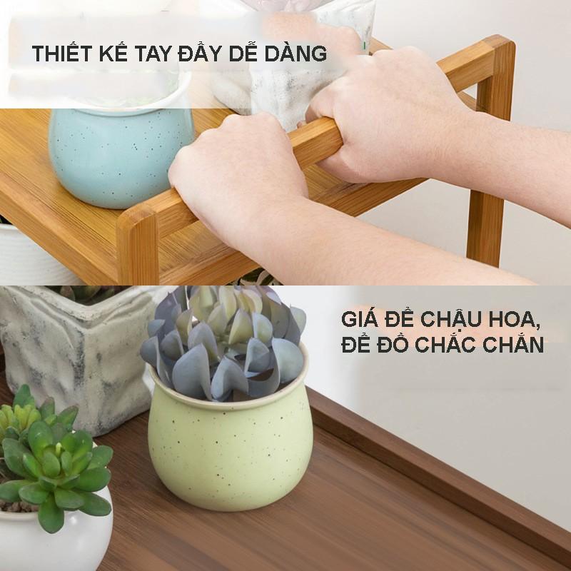 Kệ để chậu hoa cây cảnh, kệ để đồ đa năng chất liệu gỗ tre tự nhiên có bánh xe di chuyển xoay 360 độ cố định bằng chốt