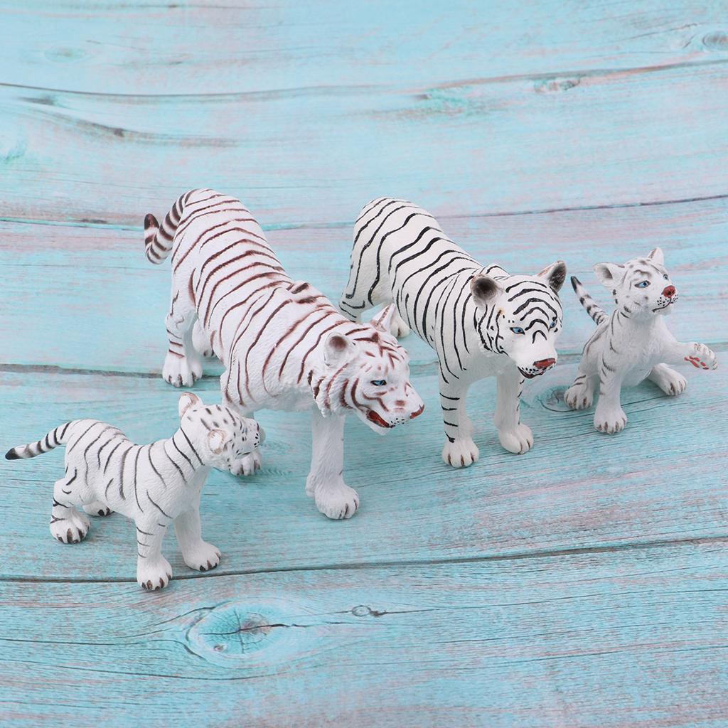 4 Pieces Simulation White Tiger Figure Toy Animal Model Set, Home Ornaments