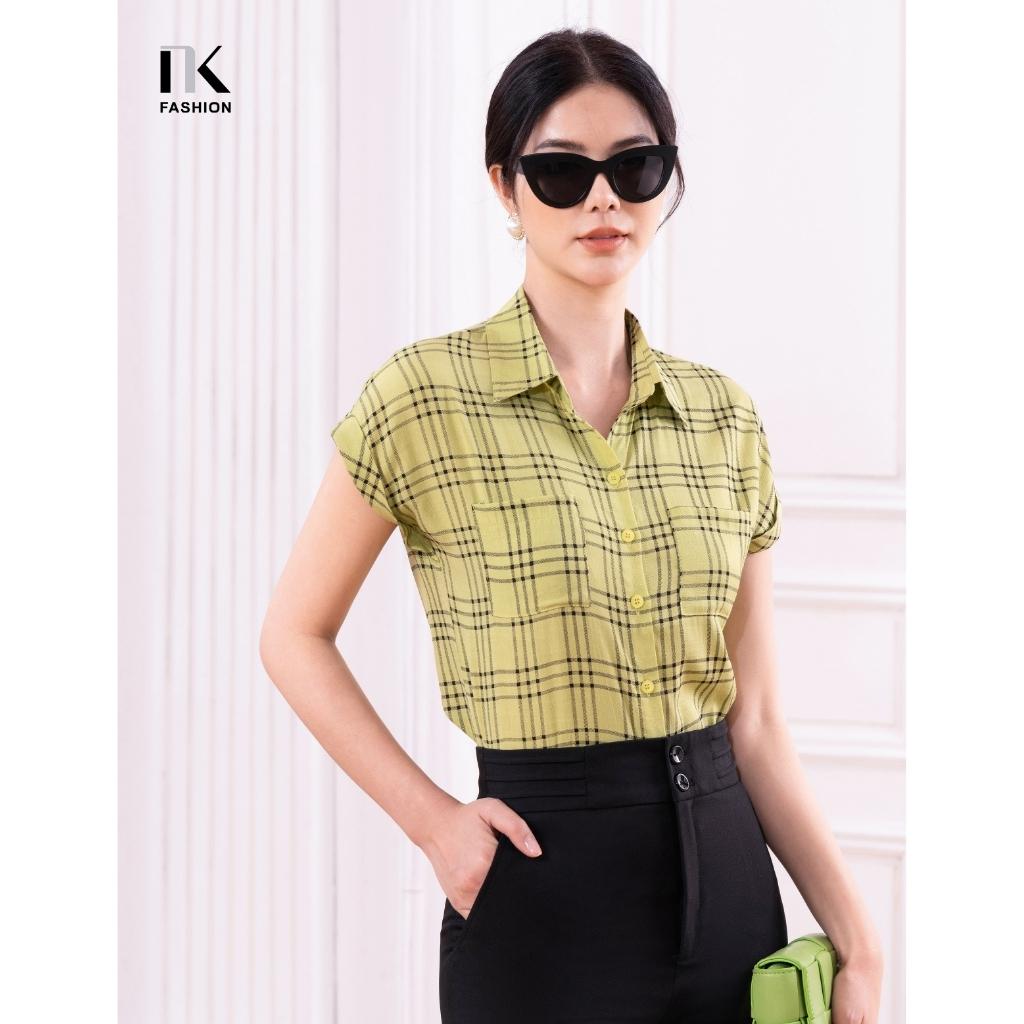 Áo Sơ Mi Nữ NK Fashion Thiết Kế Cỏ Đức Vai Chờm Họa Tiết Kẻ, Chất Liệu Nhập Hàn Cao Cấp NKSM2204001