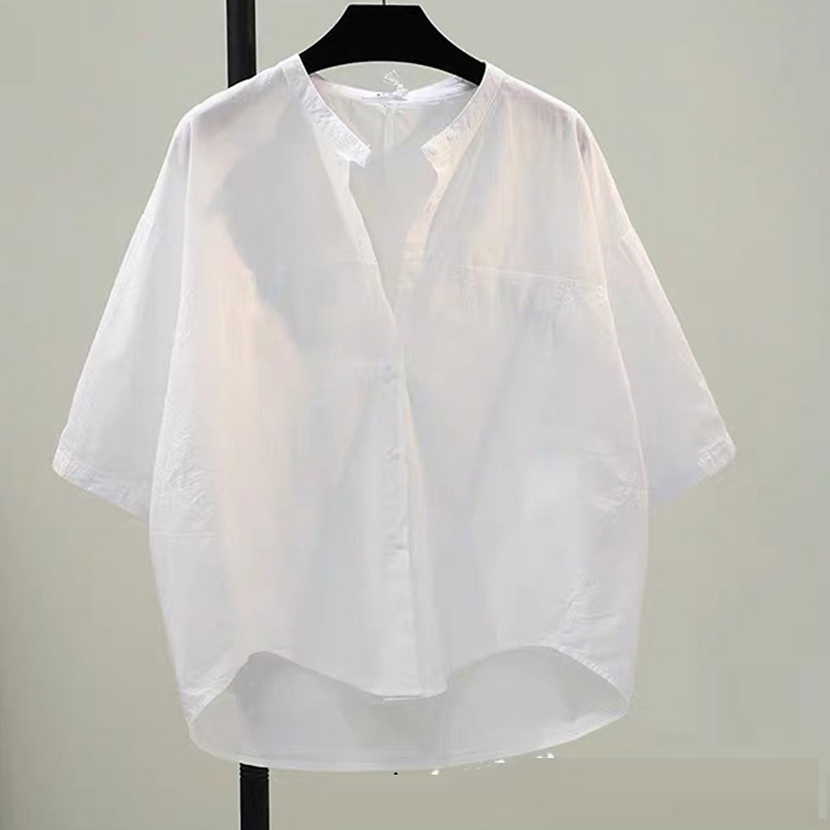 Áo sơ mi nữ cổ tàu tay lỡ form rộng chất thô 3 màu Trắng, Hồng, Xanh – TRẮNG – M