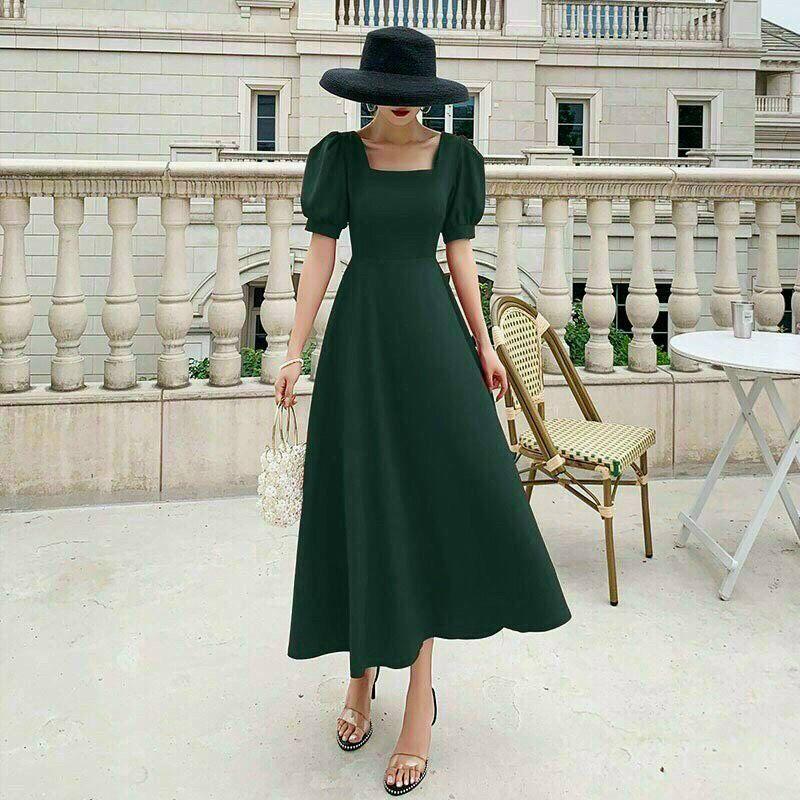 Đầm Maxi Xanh Cổ Vuông Tay Phồng