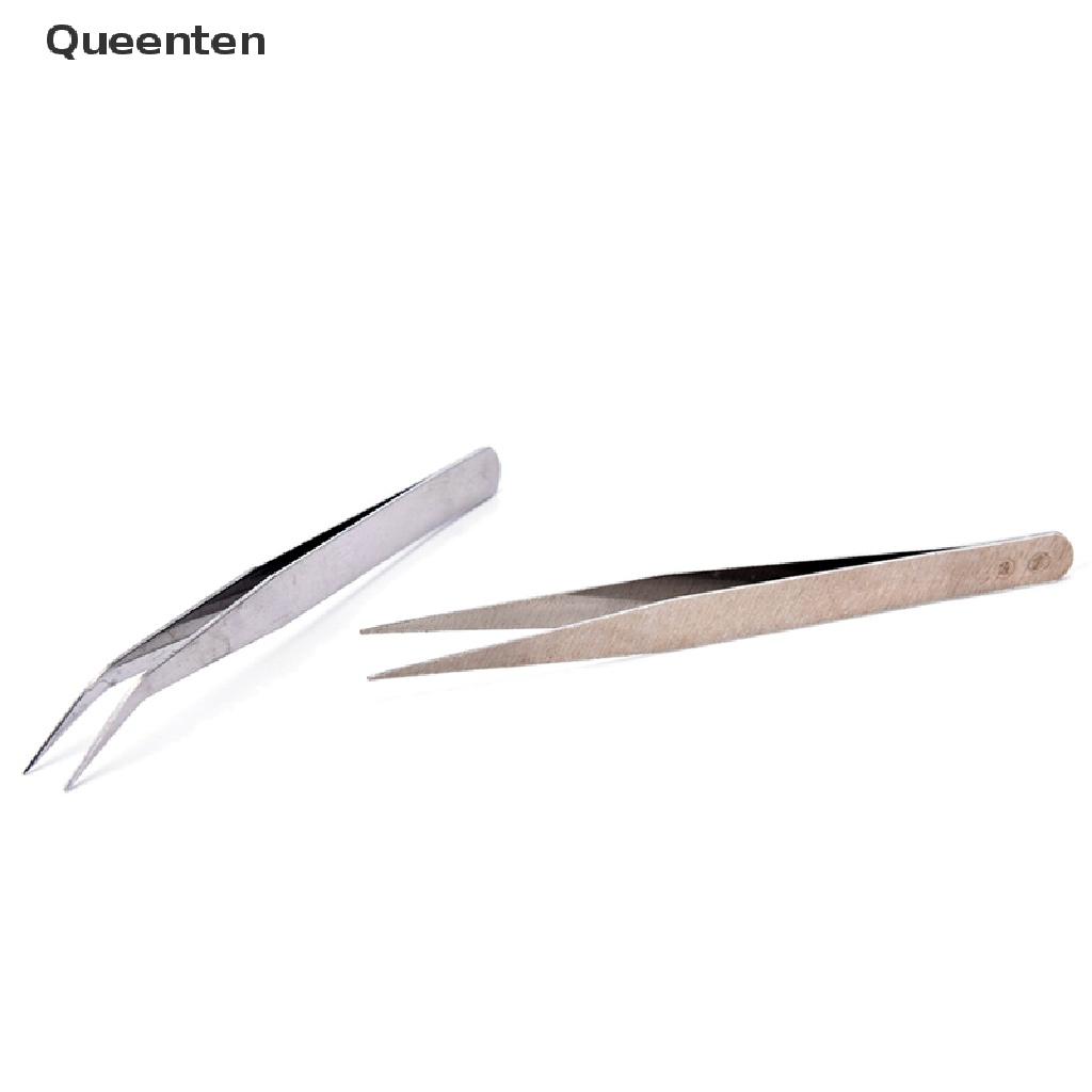 Queenten 2pcs Stainless Steel Straight Elbow Tweezers Patchwork Hook Pick-up Makeup Tools VN