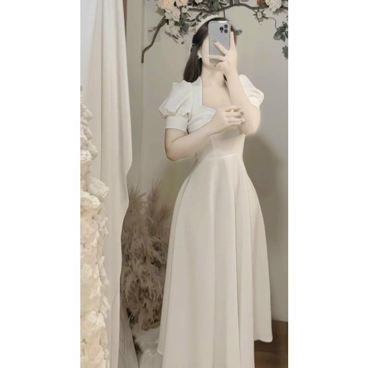 Đầm Dự Tiệc Trắng Chất Lụa Mango Mịn 2 Lớp Full Lót Thiết Kế Tay Ngắn Bồng Cổ Nơ Dáng Dài Maxi UC-1B15-4542
