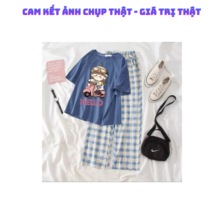Sét Áo Và Quần, SS06 Sét Đồ Nữ Đi Chơi Đẹp In Hình Cô Gái Lái Xe Dễ Thương, Sét Áo Vải Cotton,Và Quần Kẻ Cá Tính