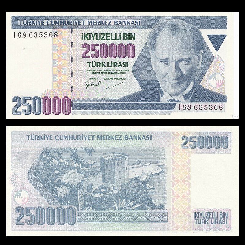 Tờ 250000 Lirasi Thổ Nhĩ Kỳ Turkey năm 1970 thời kỳ lạm phát , tiền châu Á
