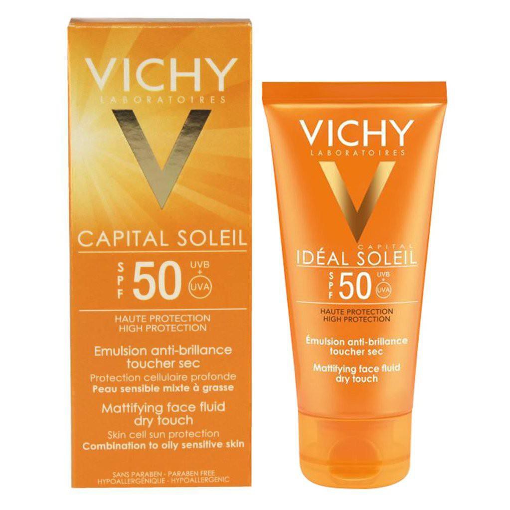 Kem Chống Nắng Bảo Vệ Da Mặt Không Gây Nhờn Rít Vichy Ideal Soleil Mattifying Face Fluid Dry Touch SPF50 50ml