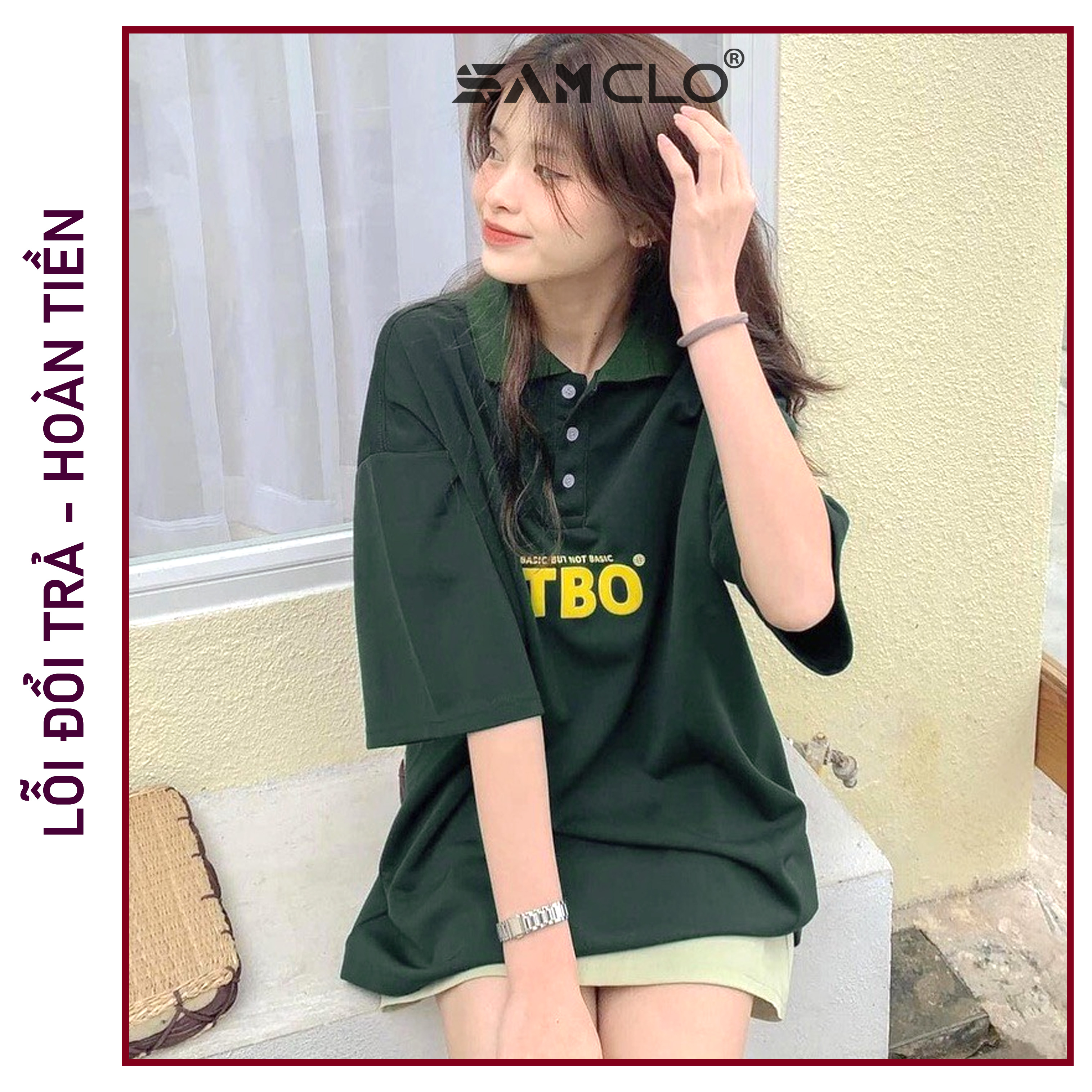 Áo thun Polo tay lỡ SAM CLO có cổ form rộng phông freesize dáng unisex mặc cặp, nhóm, lớp, đi học in chữ VÀNG TBO