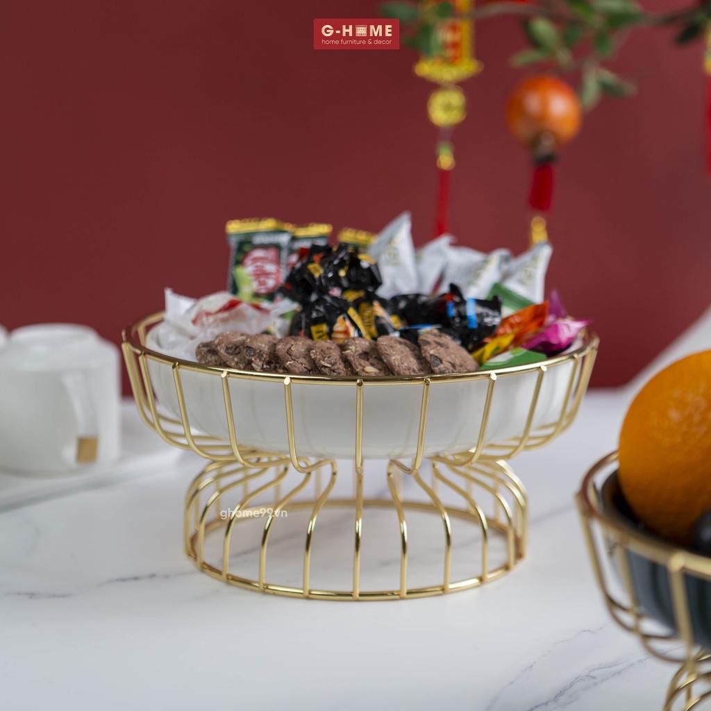 Đĩa sứ 1 tầng khung đồng Ghome 2022, đĩa sứ tròn cao cấp trạng trọng bày hoa quả, bánh kẹo ngày tết DIA2022 TRON1
