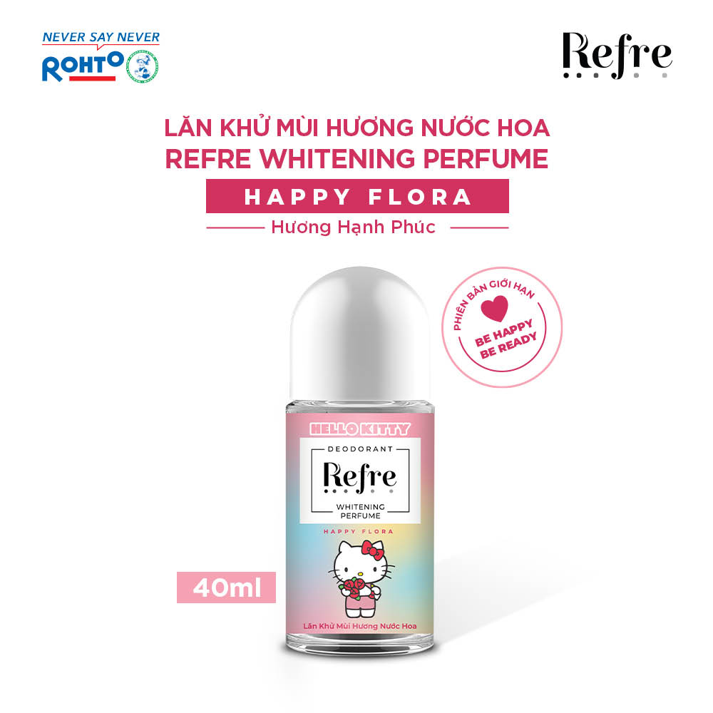 Lăn khử mùi hương nước hoa Refre Whitening Perfume Happy Flora - Hương Hạnh Phúc 40ml (Phiên bản Hello Kitty giới hạn) + Tặng móc khóa Hello Kitty xinh xắn