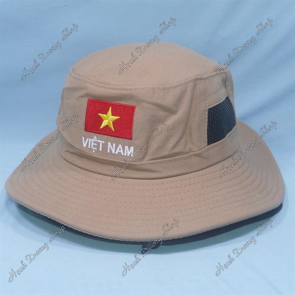 Nón tai bèo nón lính nam thêu Lá Cờ Việt Nam, có lỗ thông gió bên hông nón - Kaki đậm