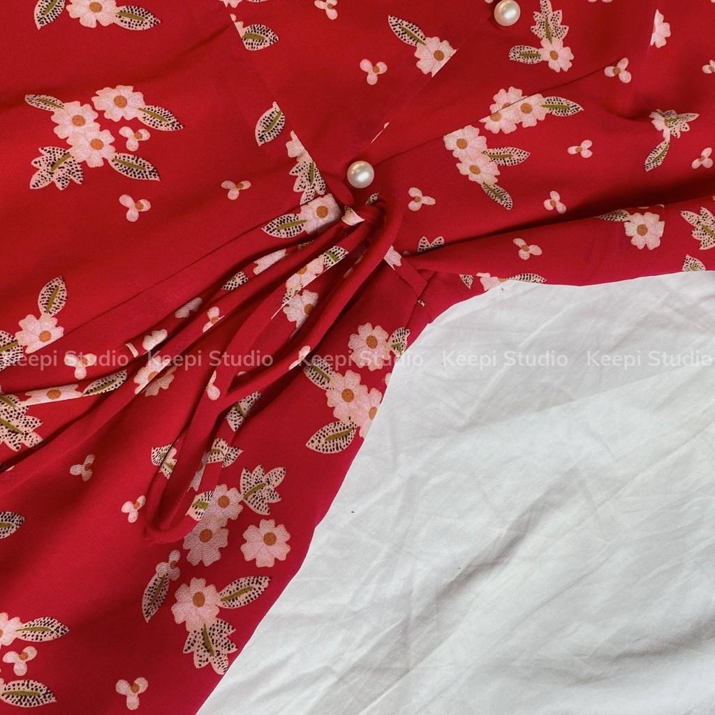 Váy Hoa Nhí Nữ Màu Đỏ Tiểu Thư Đầm Hoa Đỏ Voan Tơ Uzllang