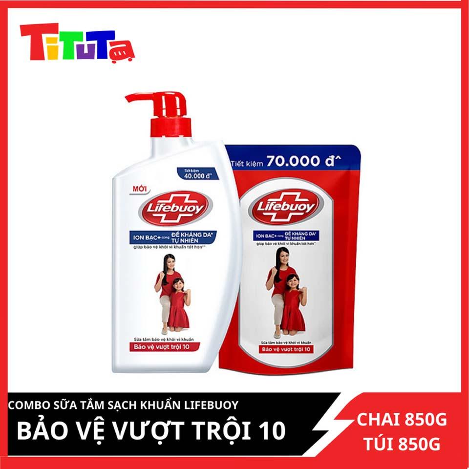 Combo Sữa Tắm Sạch Khuẩn Lifebuoy Bảo Vệ Vượt Trội 10 - Chai 850G &amp; Túi 850G