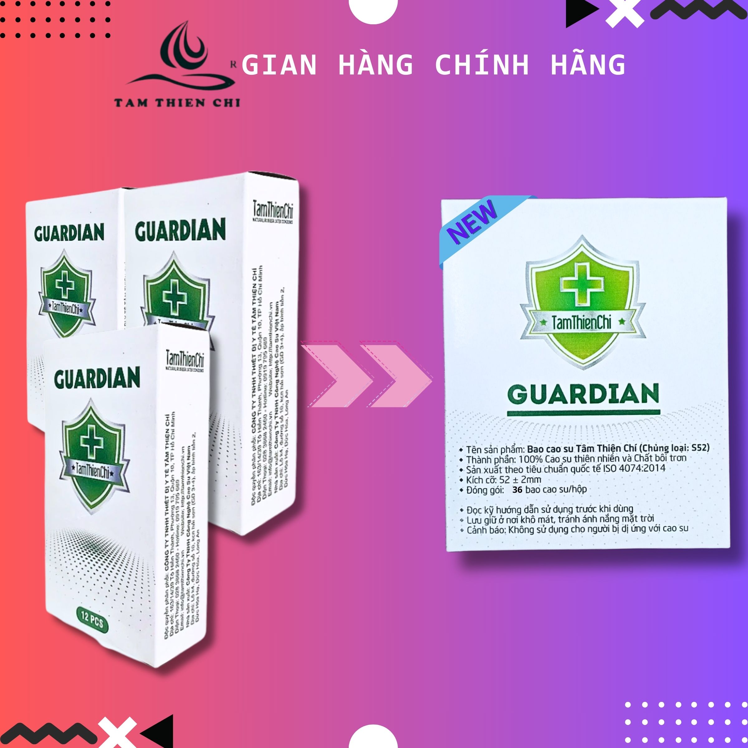 Bộ 36 cái Bao cao su Tâm Thiện Chí Guardian Gia đình - Mỏng trơn - Nhiều dầu bôi trơn