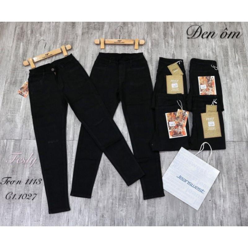 Quần Jeans Nữ Skinny Đen Trơn Rách Gối Lưng Cao