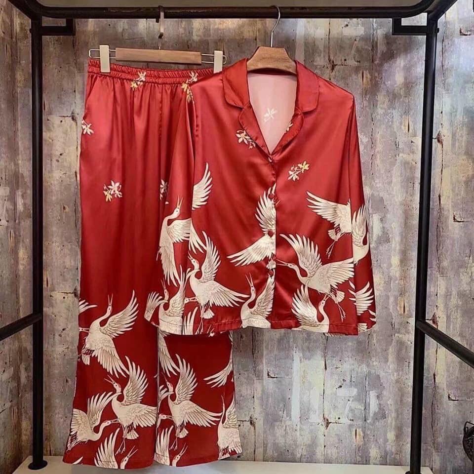 Đồ bộ pyjama mặc nhà - đồ ngủ tay dài hình hạc lụa latin giá sỉ -