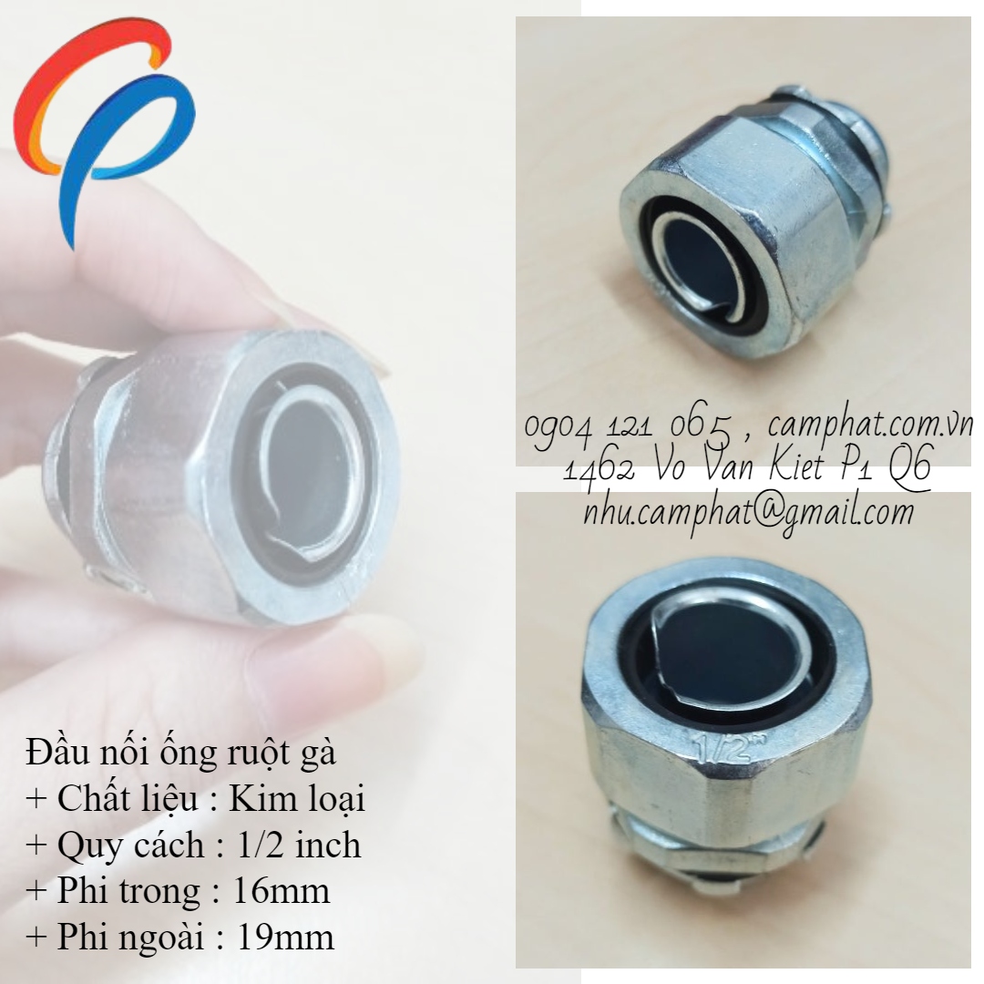 Đầu nối ống ruột gà, Đầu nối ren kim loại phi 1/2 inch