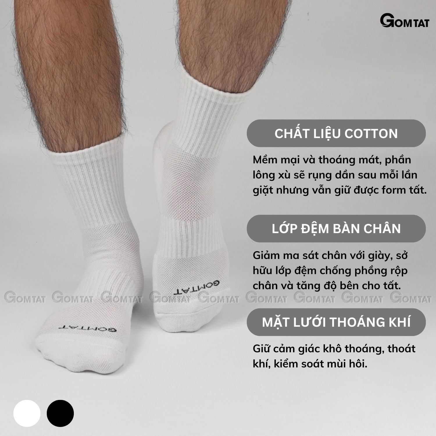 Tất cổ lửng nam nữ GOMTAT, chất liệu cotton dày dặn thoáng khí, có đệm lót xù êm ái - NGAN-STA-5009-TRUNG-1DOI