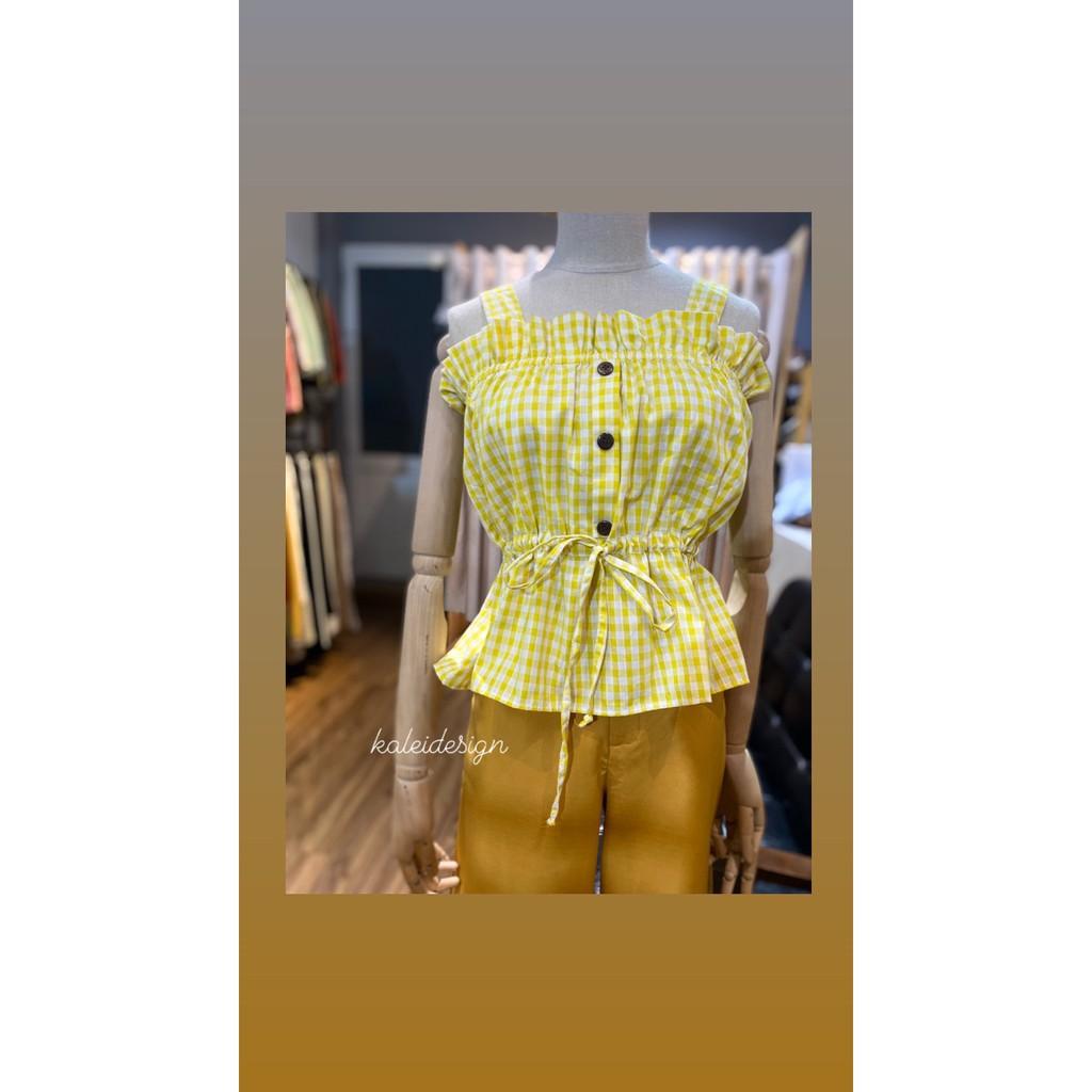 Áo 2 dây rút eo caro yellow- caro gree