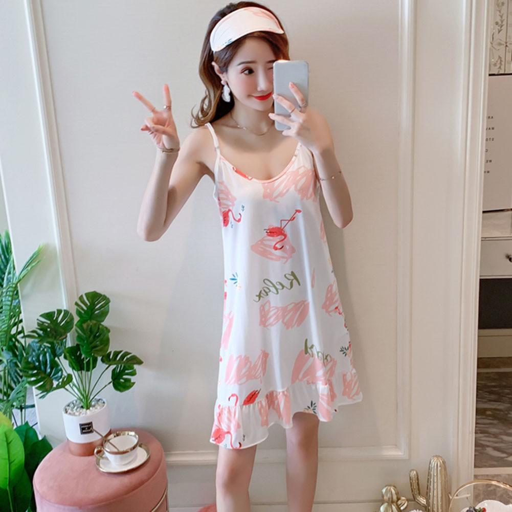 Đầm ngủ hai dây dáng rộng họa tiết in xinh xắn mùa hè cho nữ