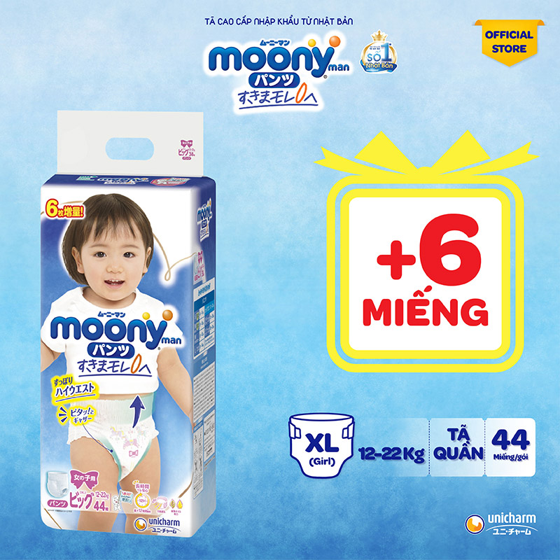 Hình ảnh [CỘNG 6 MIẾNG] Tã quần Moony cao cấp XL38+6 (Girl) - Nhập khẩu từ Nhật Bản