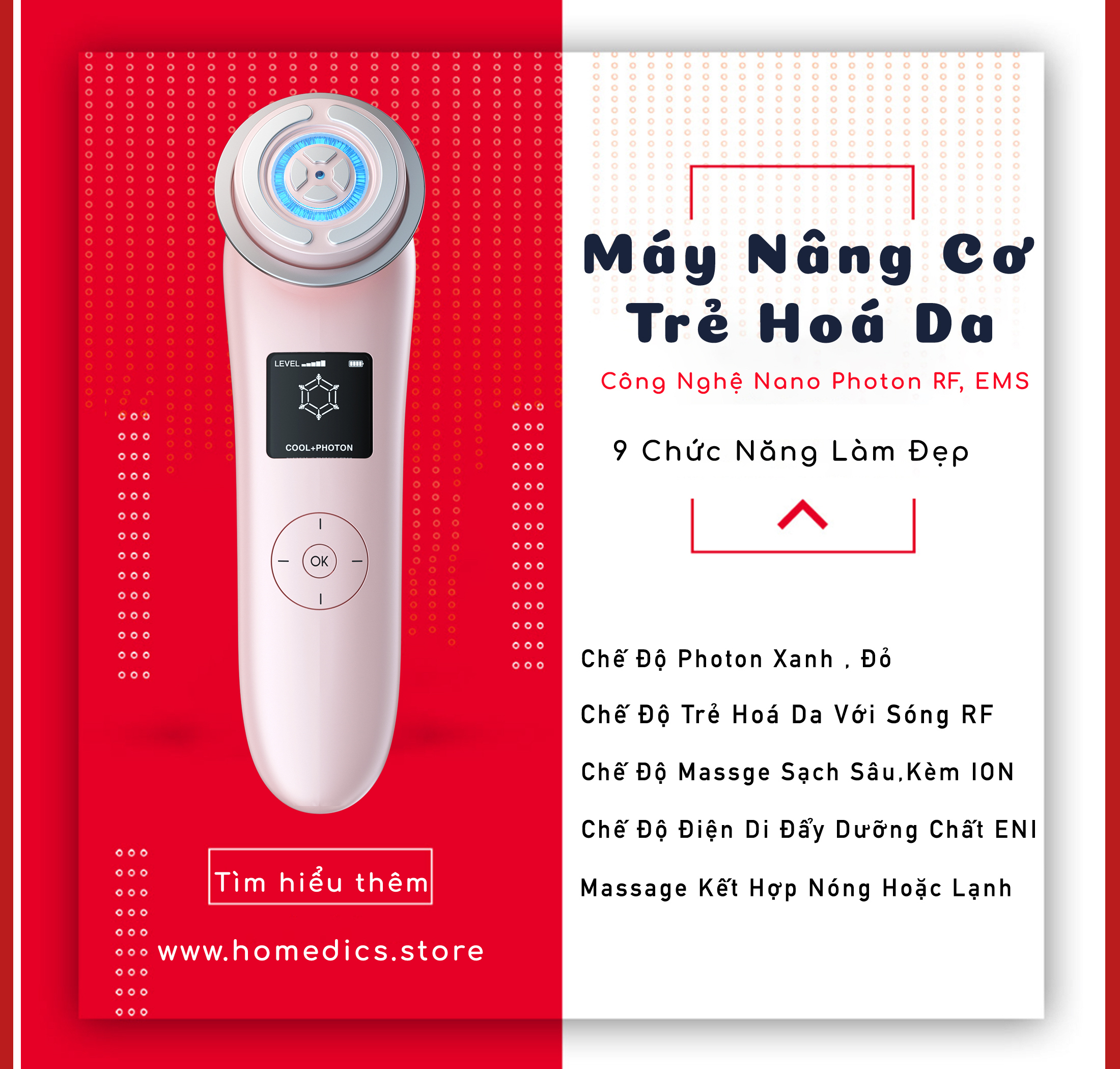 Máy nâng cơ trẻ hoá da 9 in 1 công nghệ Nano Photon RF, EMS , Sóng siêu âm Nanotime BEAUTY F82E tặng mã giảm giá  Bảo Hành Chính Hãng